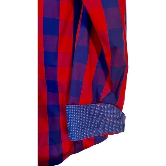 Bugatchi Dress Shirt Flip Cuff Plaid Red Blue Classic Button Up Mens Sz Large - Picture 4 of 8